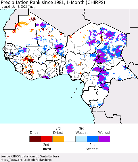 Western Africa Precipitation Rank since 1981, 1-Month (CHIRPS) Thematic Map For 6/6/2023 - 7/5/2023