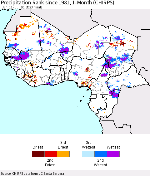 Western Africa Precipitation Rank since 1981, 1-Month (CHIRPS) Thematic Map For 6/11/2023 - 7/10/2023