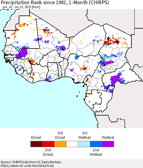 Western Africa Precipitation Rank since 1981, 1-Month (CHIRPS) Thematic Map For 6/16/2023 - 7/15/2023