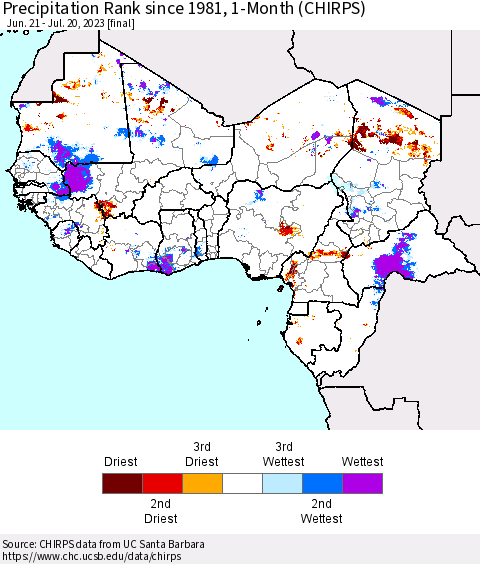 Western Africa Precipitation Rank since 1981, 1-Month (CHIRPS) Thematic Map For 6/21/2023 - 7/20/2023
