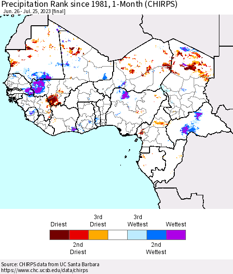 Western Africa Precipitation Rank since 1981, 1-Month (CHIRPS) Thematic Map For 6/26/2023 - 7/25/2023