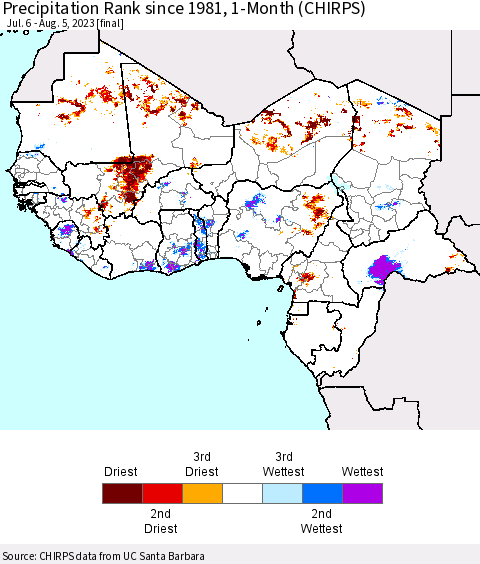 Western Africa Precipitation Rank since 1981, 1-Month (CHIRPS) Thematic Map For 7/6/2023 - 8/5/2023