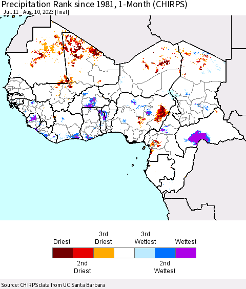 Western Africa Precipitation Rank since 1981, 1-Month (CHIRPS) Thematic Map For 7/11/2023 - 8/10/2023