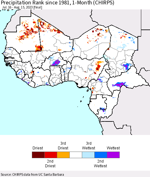 Western Africa Precipitation Rank since 1981, 1-Month (CHIRPS) Thematic Map For 7/16/2023 - 8/15/2023