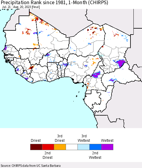 Western Africa Precipitation Rank since 1981, 1-Month (CHIRPS) Thematic Map For 7/21/2023 - 8/20/2023