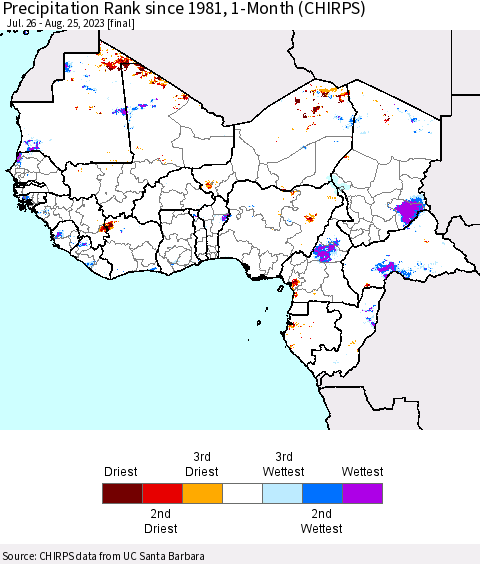 Western Africa Precipitation Rank since 1981, 1-Month (CHIRPS) Thematic Map For 7/26/2023 - 8/25/2023