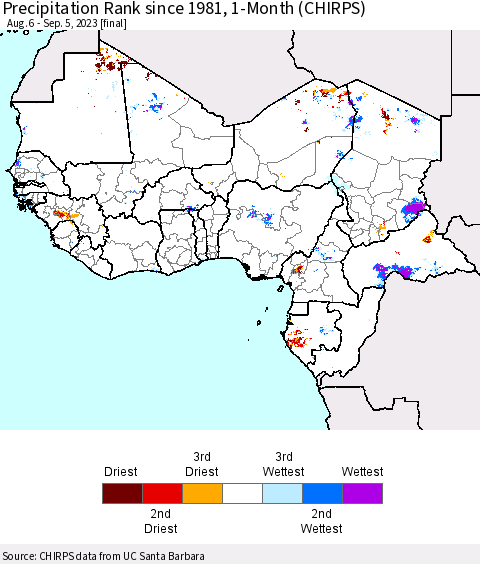 Western Africa Precipitation Rank since 1981, 1-Month (CHIRPS) Thematic Map For 8/6/2023 - 9/5/2023