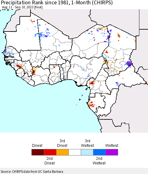Western Africa Precipitation Rank since 1981, 1-Month (CHIRPS) Thematic Map For 8/11/2023 - 9/10/2023