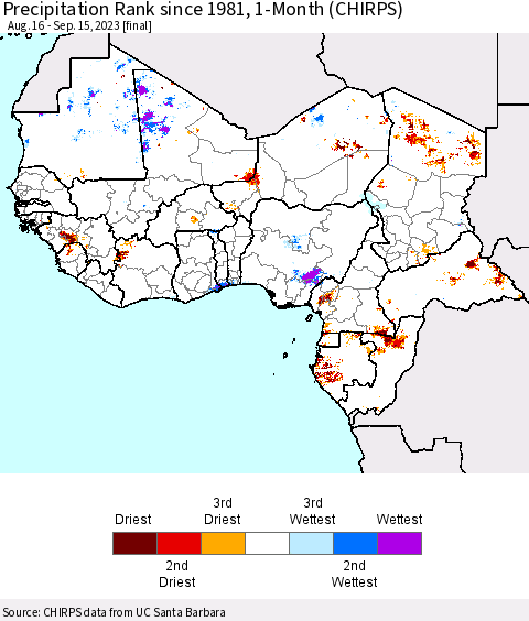 Western Africa Precipitation Rank since 1981, 1-Month (CHIRPS) Thematic Map For 8/16/2023 - 9/15/2023