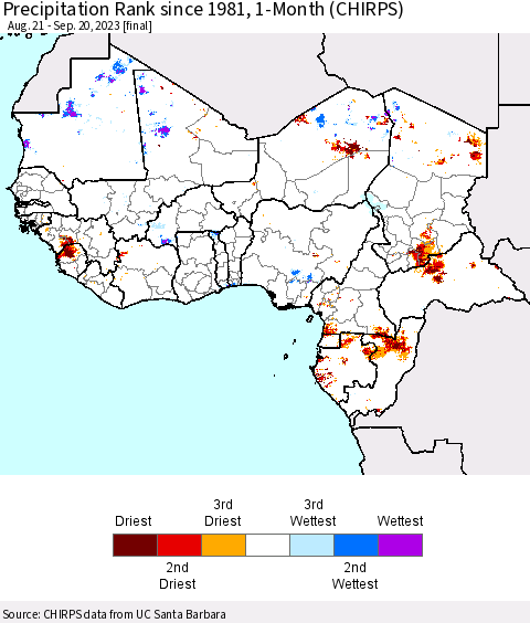 Western Africa Precipitation Rank since 1981, 1-Month (CHIRPS) Thematic Map For 8/21/2023 - 9/20/2023