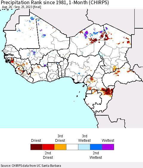 Western Africa Precipitation Rank since 1981, 1-Month (CHIRPS) Thematic Map For 8/26/2023 - 9/25/2023