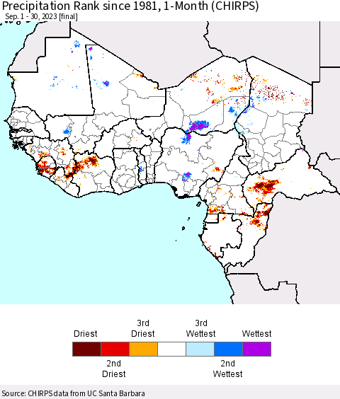 Western Africa Precipitation Rank since 1981, 1-Month (CHIRPS) Thematic Map For 9/1/2023 - 9/30/2023