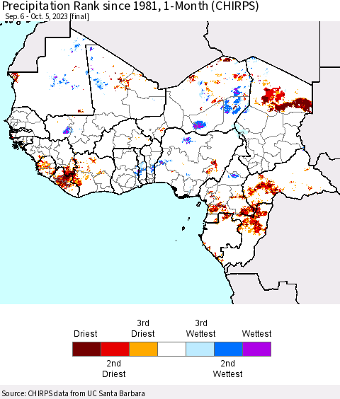 Western Africa Precipitation Rank since 1981, 1-Month (CHIRPS) Thematic Map For 9/6/2023 - 10/5/2023