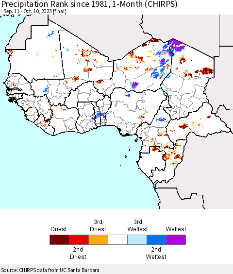 Western Africa Precipitation Rank since 1981, 1-Month (CHIRPS) Thematic Map For 9/11/2023 - 10/10/2023