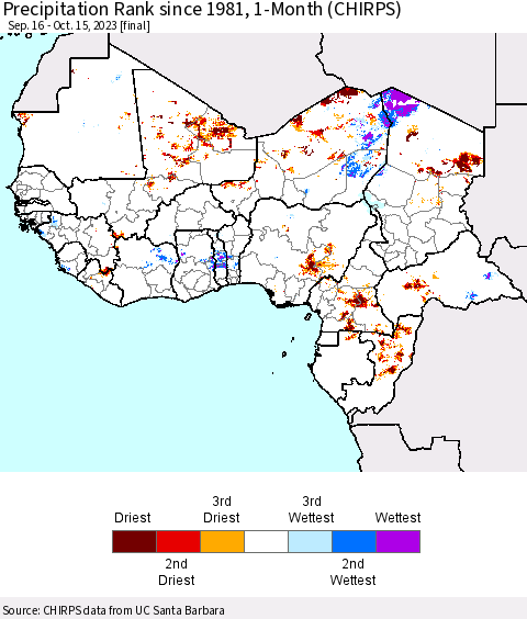 Western Africa Precipitation Rank since 1981, 1-Month (CHIRPS) Thematic Map For 9/16/2023 - 10/15/2023