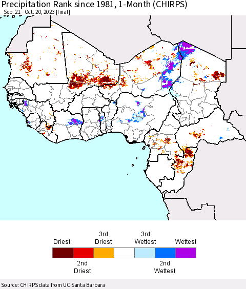 Western Africa Precipitation Rank since 1981, 1-Month (CHIRPS) Thematic Map For 9/21/2023 - 10/20/2023