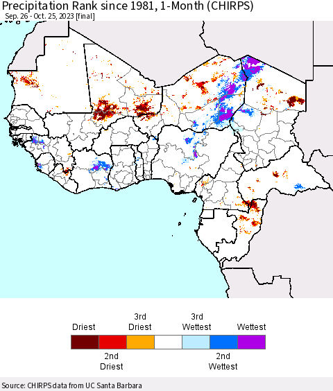 Western Africa Precipitation Rank since 1981, 1-Month (CHIRPS) Thematic Map For 9/26/2023 - 10/25/2023