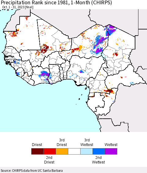 Western Africa Precipitation Rank since 1981, 1-Month (CHIRPS) Thematic Map For 10/1/2023 - 10/31/2023