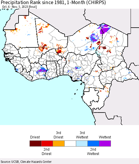 Western Africa Precipitation Rank since 1981, 1-Month (CHIRPS) Thematic Map For 10/6/2023 - 11/5/2023