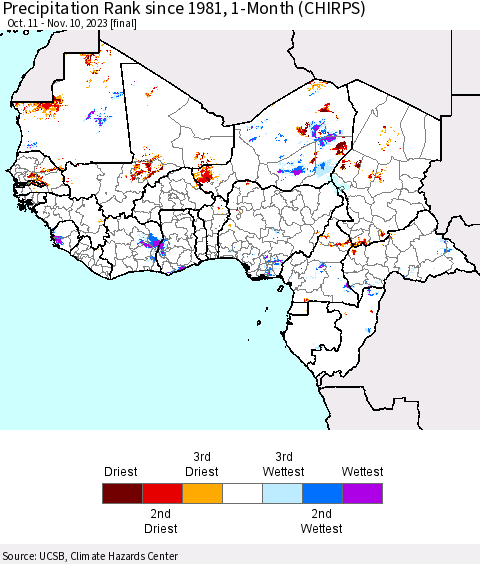 Western Africa Precipitation Rank since 1981, 1-Month (CHIRPS) Thematic Map For 10/11/2023 - 11/10/2023