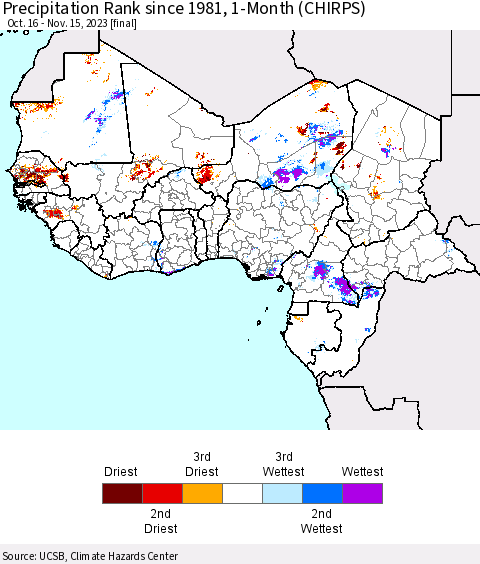 Western Africa Precipitation Rank since 1981, 1-Month (CHIRPS) Thematic Map For 10/16/2023 - 11/15/2023