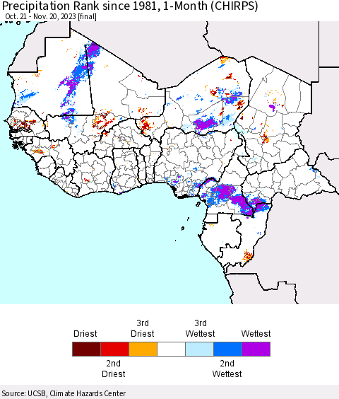 Western Africa Precipitation Rank since 1981, 1-Month (CHIRPS) Thematic Map For 10/21/2023 - 11/20/2023