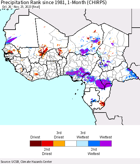 Western Africa Precipitation Rank since 1981, 1-Month (CHIRPS) Thematic Map For 10/26/2023 - 11/25/2023