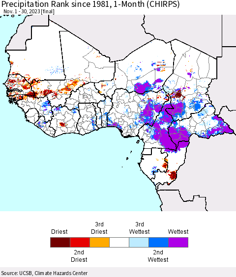 Western Africa Precipitation Rank since 1981, 1-Month (CHIRPS) Thematic Map For 11/1/2023 - 11/30/2023