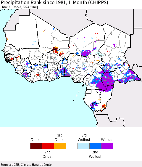 Western Africa Precipitation Rank since 1981, 1-Month (CHIRPS) Thematic Map For 11/6/2023 - 12/5/2023