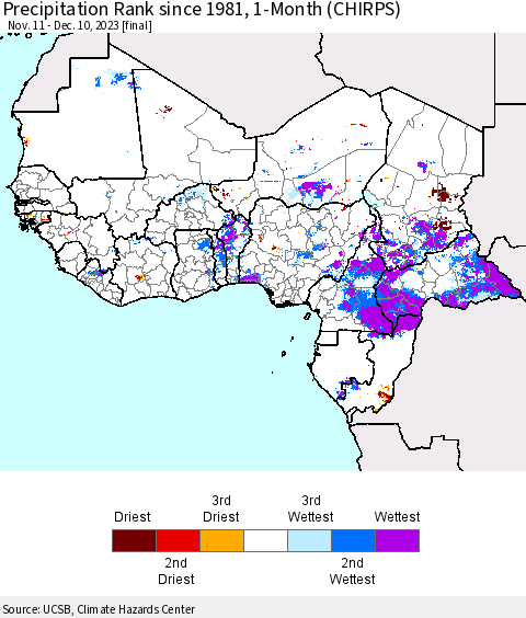 Western Africa Precipitation Rank since 1981, 1-Month (CHIRPS) Thematic Map For 11/11/2023 - 12/10/2023