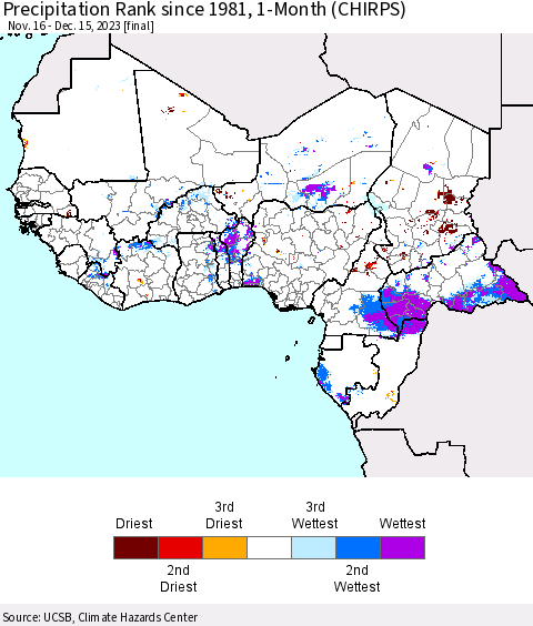 Western Africa Precipitation Rank since 1981, 1-Month (CHIRPS) Thematic Map For 11/16/2023 - 12/15/2023