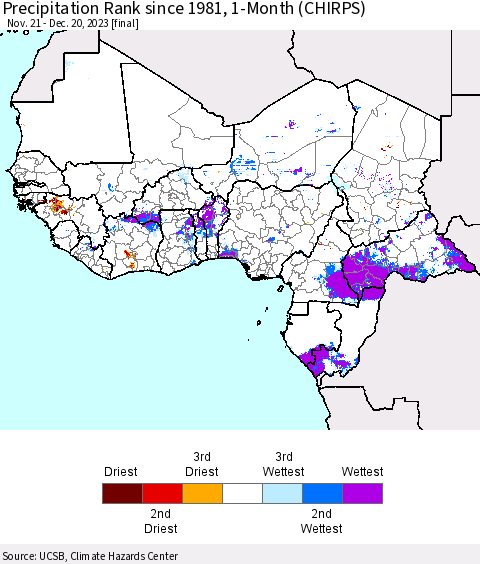 Western Africa Precipitation Rank since 1981, 1-Month (CHIRPS) Thematic Map For 11/21/2023 - 12/20/2023