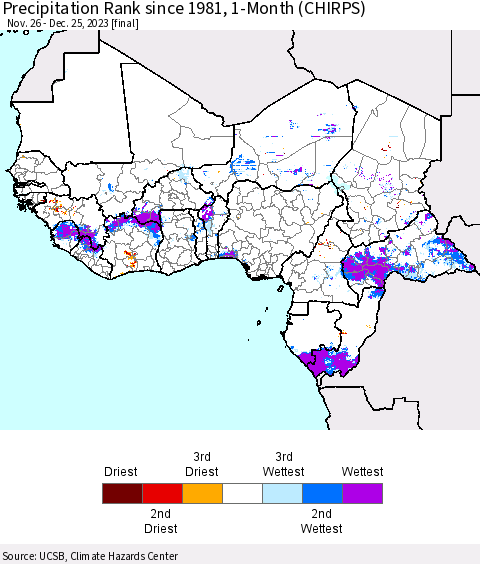 Western Africa Precipitation Rank since 1981, 1-Month (CHIRPS) Thematic Map For 11/26/2023 - 12/25/2023