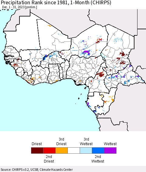 Western Africa Precipitation Rank since 1981, 1-Month (CHIRPS) Thematic Map For 12/1/2023 - 12/31/2023