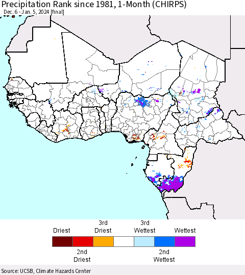 Western Africa Precipitation Rank since 1981, 1-Month (CHIRPS) Thematic Map For 12/6/2023 - 1/5/2024