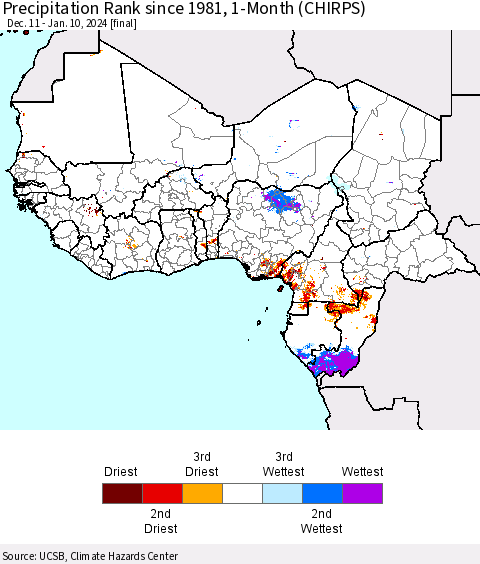 Western Africa Precipitation Rank since 1981, 1-Month (CHIRPS) Thematic Map For 12/11/2023 - 1/10/2024