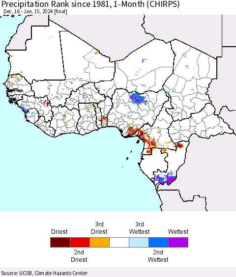 Western Africa Precipitation Rank since 1981, 1-Month (CHIRPS) Thematic Map For 12/16/2023 - 1/15/2024