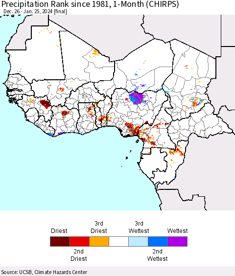 Western Africa Precipitation Rank since 1981, 1-Month (CHIRPS) Thematic Map For 12/26/2023 - 1/25/2024