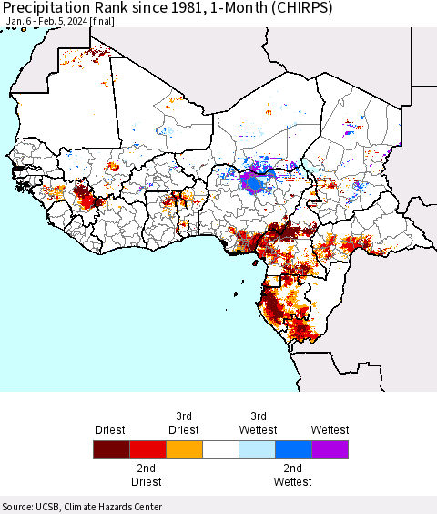 Western Africa Precipitation Rank since 1981, 1-Month (CHIRPS) Thematic Map For 1/6/2024 - 2/5/2024