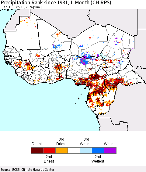 Western Africa Precipitation Rank since 1981, 1-Month (CHIRPS) Thematic Map For 1/11/2024 - 2/10/2024
