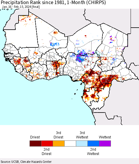 Western Africa Precipitation Rank since 1981, 1-Month (CHIRPS) Thematic Map For 1/16/2024 - 2/15/2024