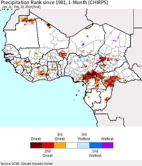 Western Africa Precipitation Rank since 1981, 1-Month (CHIRPS) Thematic Map For 1/21/2024 - 2/20/2024