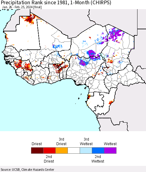 Western Africa Precipitation Rank since 1981, 1-Month (CHIRPS) Thematic Map For 1/26/2024 - 2/25/2024