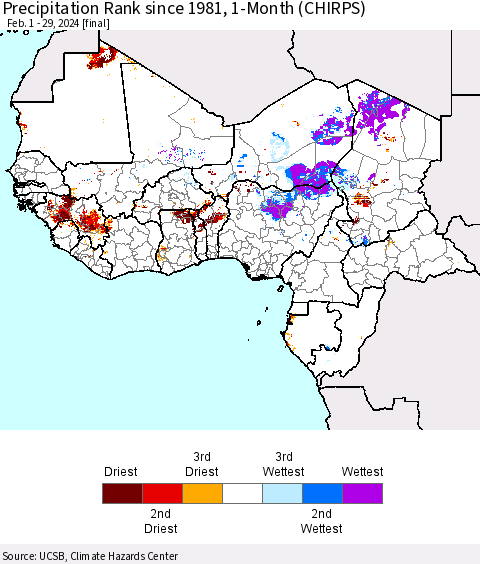 Western Africa Precipitation Rank since 1981, 1-Month (CHIRPS) Thematic Map For 2/1/2024 - 2/29/2024