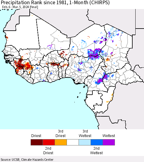 Western Africa Precipitation Rank since 1981, 1-Month (CHIRPS) Thematic Map For 2/6/2024 - 3/5/2024
