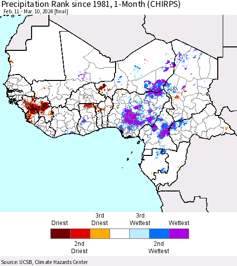 Western Africa Precipitation Rank since 1981, 1-Month (CHIRPS) Thematic Map For 2/11/2024 - 3/10/2024