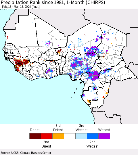 Western Africa Precipitation Rank since 1981, 1-Month (CHIRPS) Thematic Map For 2/16/2024 - 3/15/2024