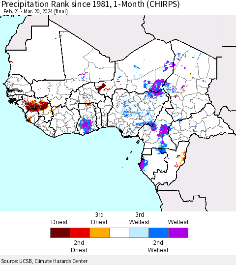 Western Africa Precipitation Rank since 1981, 1-Month (CHIRPS) Thematic Map For 2/21/2024 - 3/20/2024