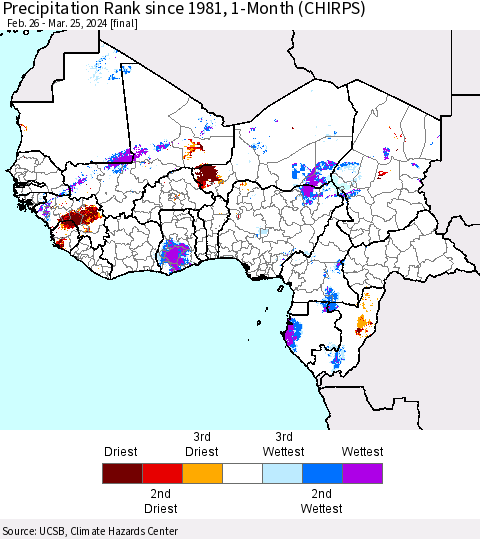 Western Africa Precipitation Rank since 1981, 1-Month (CHIRPS) Thematic Map For 2/26/2024 - 3/25/2024
