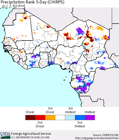Western Africa Precipitation Rank since 1981, 5-Day (CHIRPS) Thematic Map For 7/1/2021 - 7/5/2021